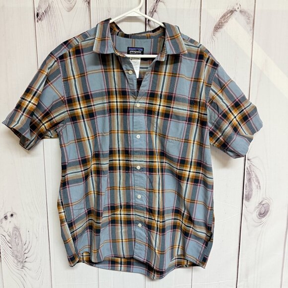 Patagonia Mens Fezzman Shirt Large Blue Brown Gray Plaid Button Up EUC - Picture 4 of 9